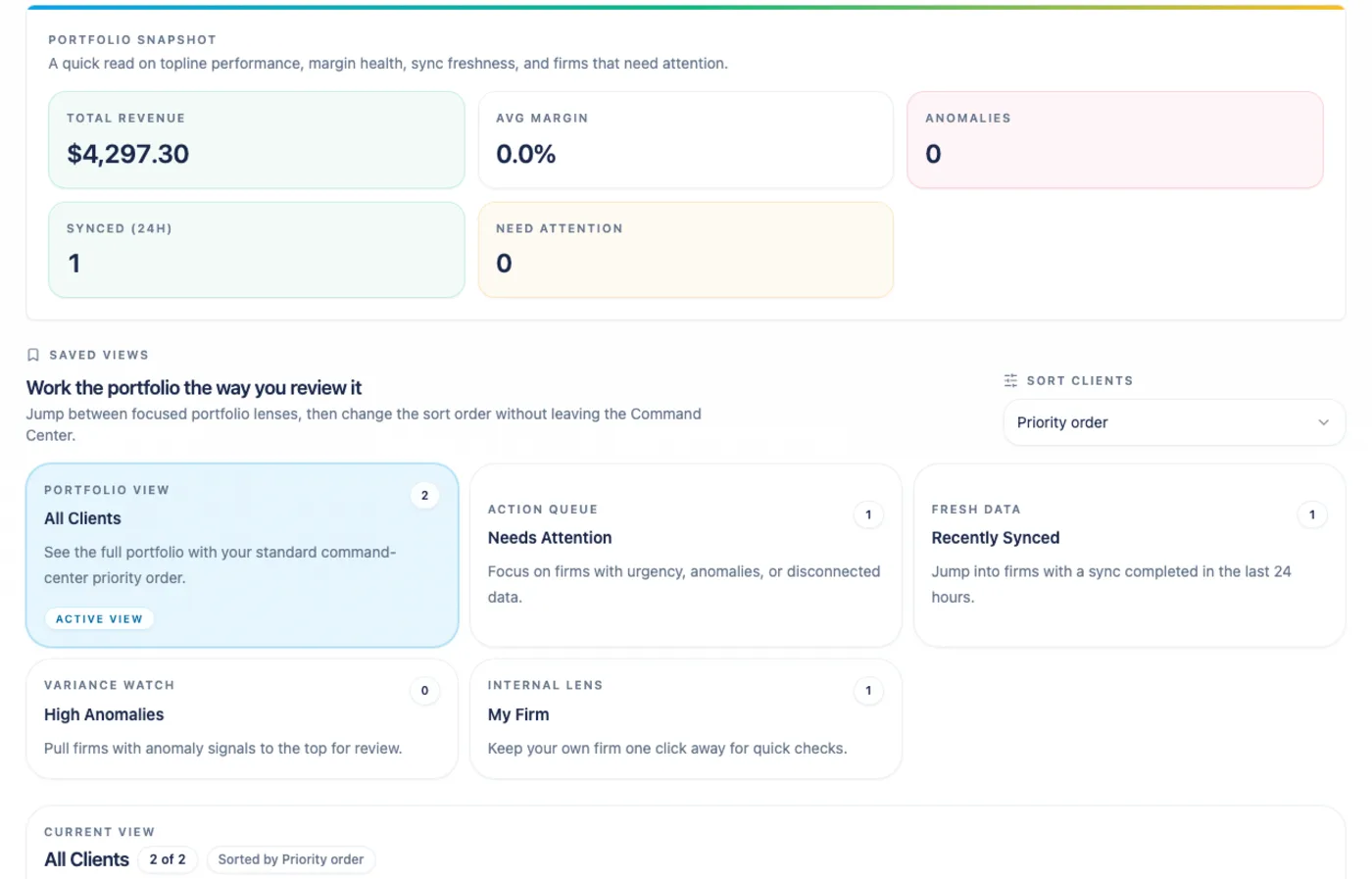 Arboris Command Center showing portfolio urgency, client review status, and next actions.