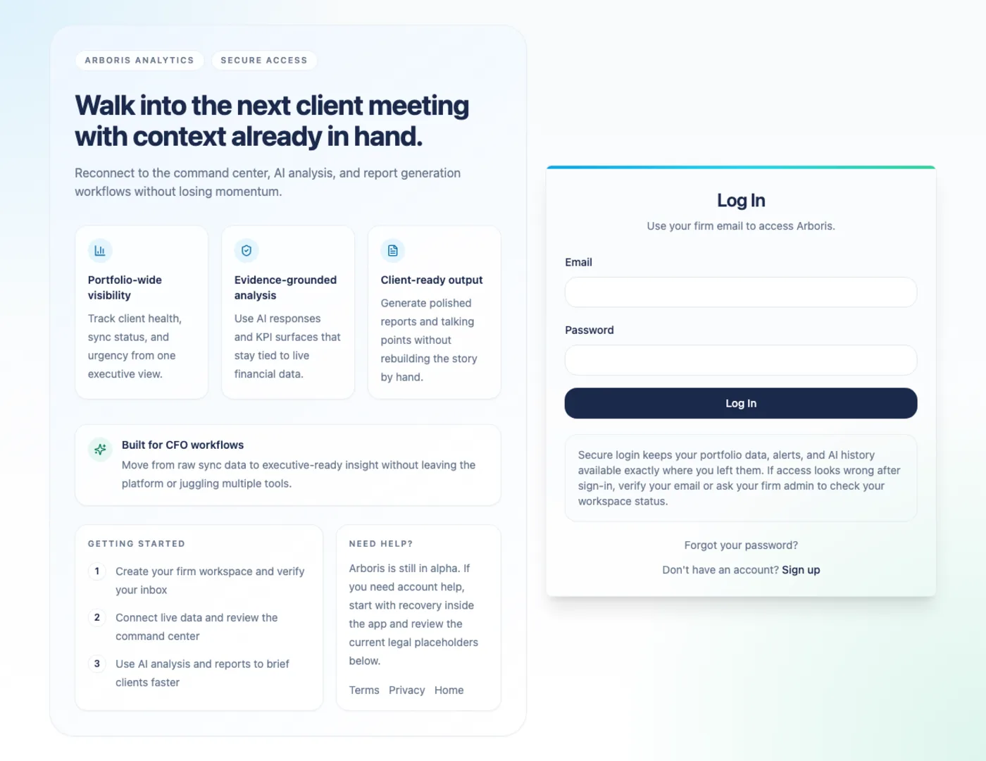 Arboris login screen for returning users.
