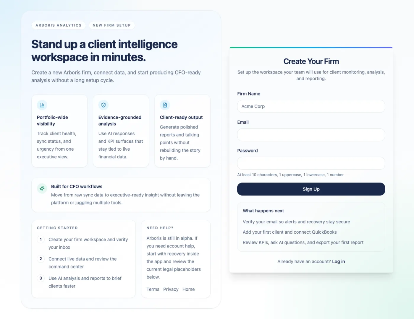 Arboris registration form with firm name, user name, email, and password fields.