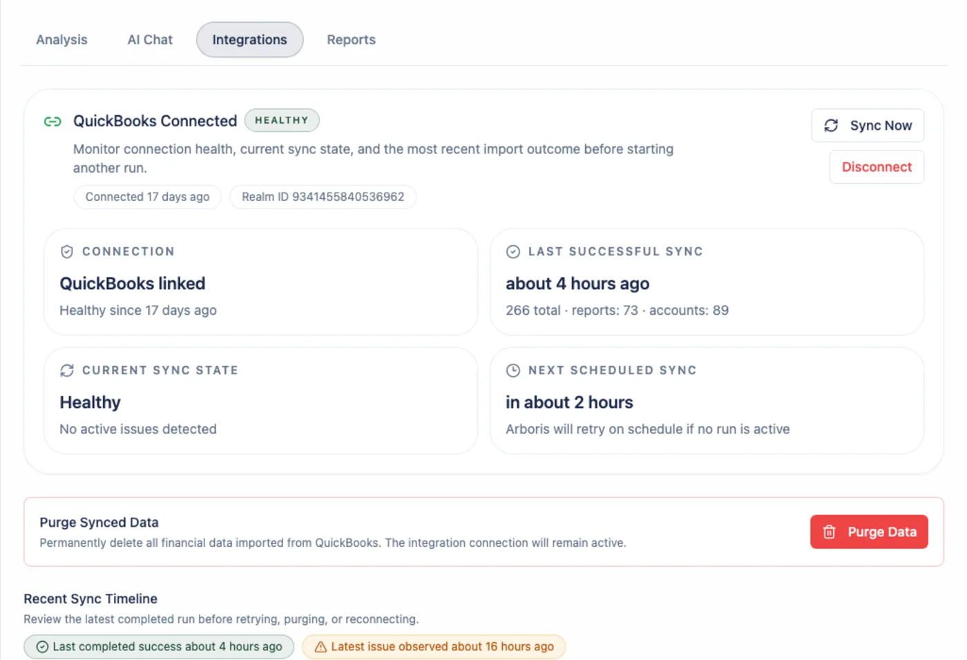 Integrations workspace showing QuickBooks connection health and sync status.